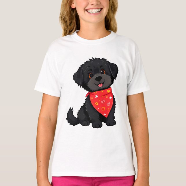 Camiseta Cachorro negro adorable con pañuelo rojo (Anverso)