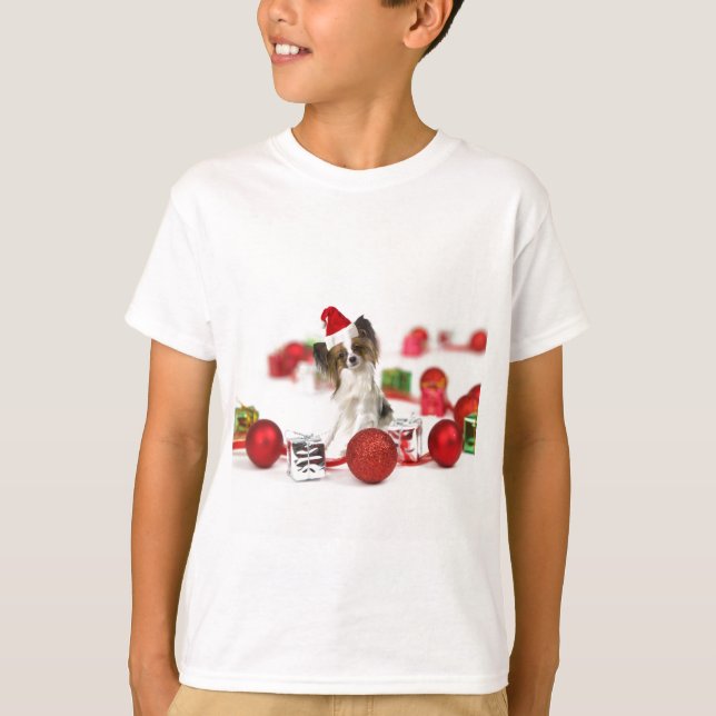 Camiseta Cachorro Papillon Lindo Sombrero de Santa de Navid (Anverso)