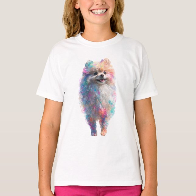Camiseta Cachorro Pomerania Salpicado de Arcoíris para Niño (Anverso)