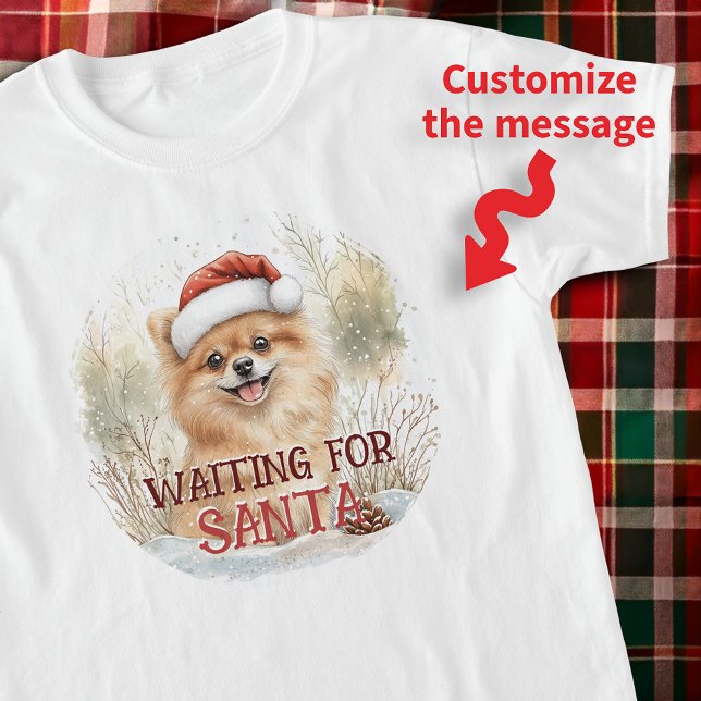 Camiseta Cachorro Pomeraniano A La Espera De Santa Acuarela (Cute Pomeranian Puppy Waiting For Santa Watercolor T-Shirt)
