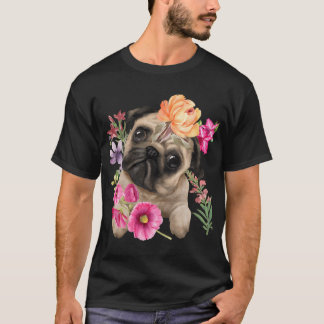 Camiseta Cachorro Pug Dulce Con Flores Hermosas