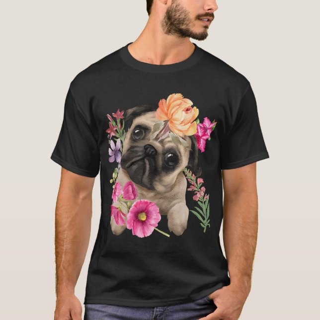 Camiseta Cachorro Pug Dulce Con Flores Hermosas (Anverso)