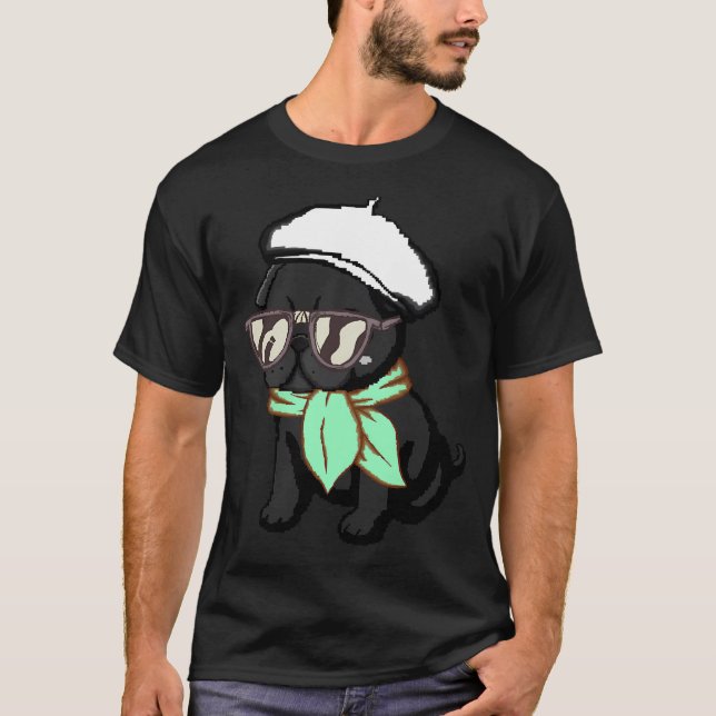 Camiseta Cachorro Pug Negro Bufanda Verde Arte Pixel (Anverso)