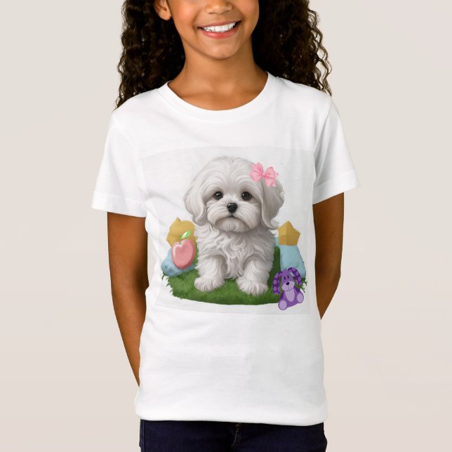 Camiseta Cachorros malteses sentados con sus juguetes (Anverso)