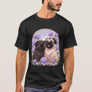 Camiseta Cachorros pug entre flores de peonía