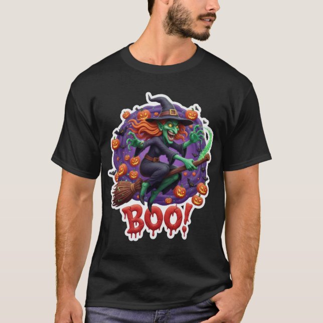 Camiseta Cackling witch on broomstick surrounded by pumpkin (Anverso)