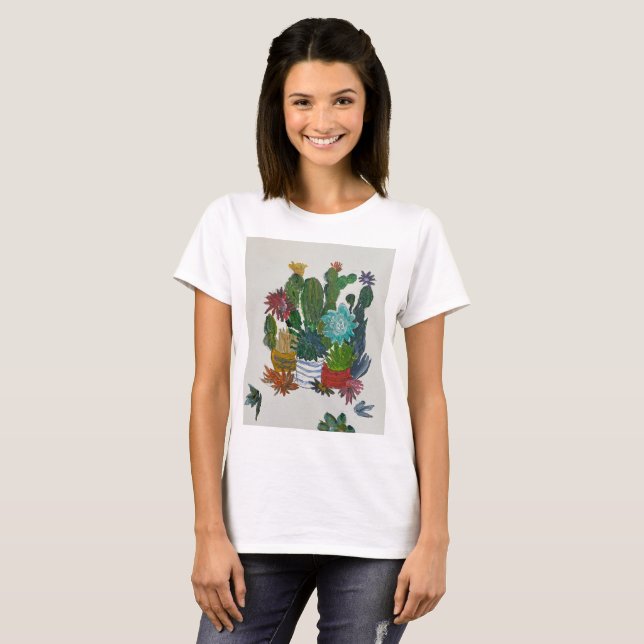 Camiseta Cacti en macetas todavía vida Pintura (Anverso completo)