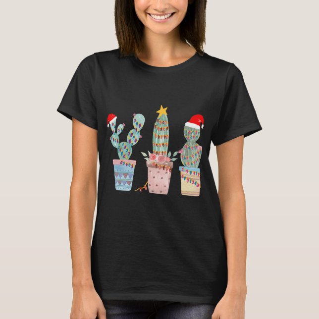 Camiseta Cactus Christmas Tree Luces Cactus Lovers Hand dr (Anverso)