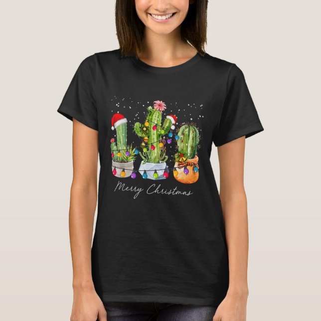 Camiseta Cactus Christmas Xmas Trees Lights Santa Hat Cactu (Anverso)
