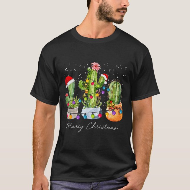 Camiseta Cactus Christmas Xmas Trees Lights Santa Hat Cactu (Anverso)