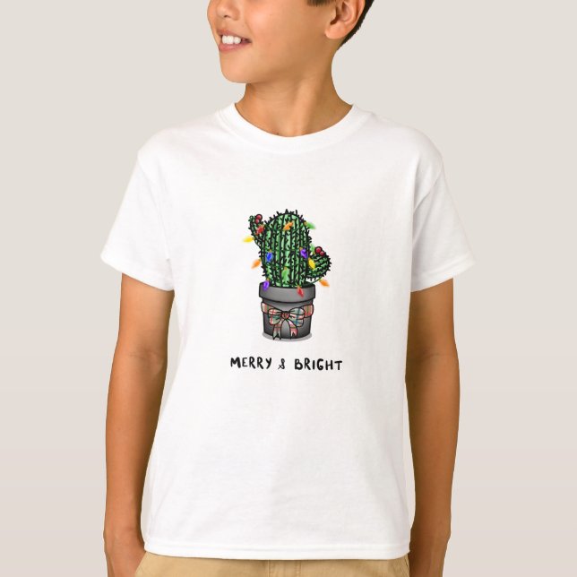 Camiseta Cactus de feriado para niños merry y brillantes (Anverso)