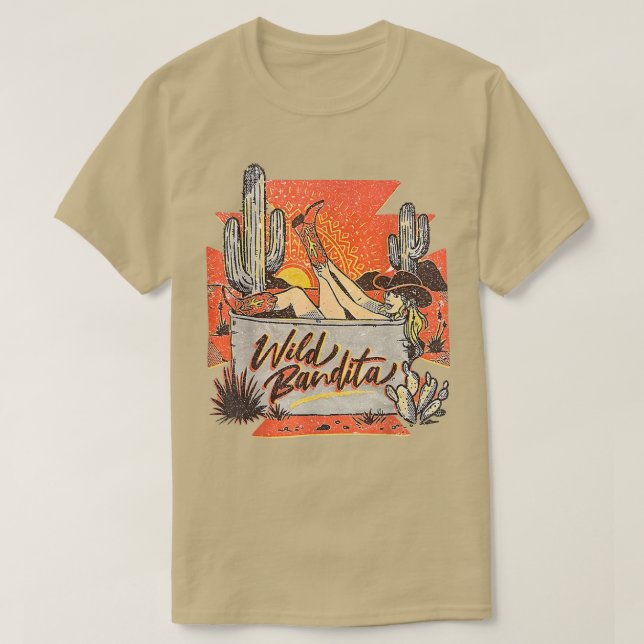 Camiseta Cactus del desierto retro Cowgirl Wild Bandita Wes (Diseño del anverso)