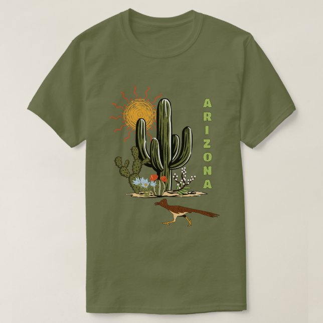 Camiseta Cactus del desierto Roadrunner de Arizona (Diseño del anverso)