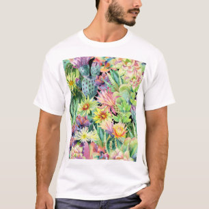 Camiseta Cactus floreciente, acuarela patrón sin fisuras.