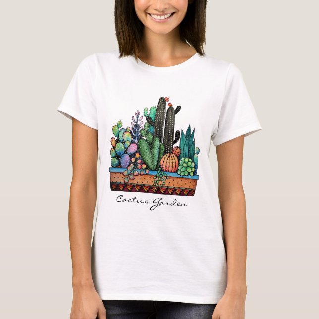 Camiseta Cactus Garden Cute Watercolor En Pot (Anverso)