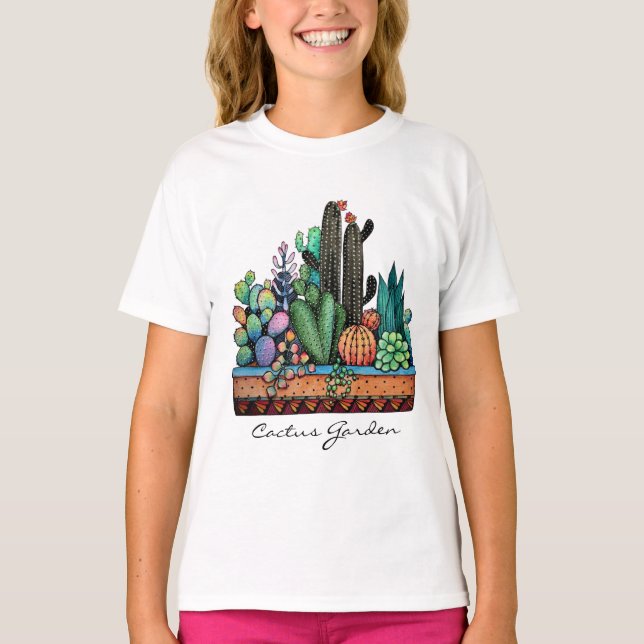 Camiseta Cactus Garden Cute Watercolor En Pot (Anverso)