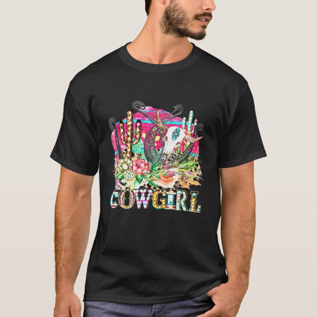 Camiseta Cactus Occidental Texas Cowgirl Cow Bull Skull Rod (Anverso)