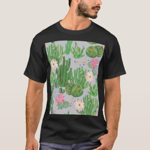 Camiseta Cactus y flores, pintura acuarela sin costura.