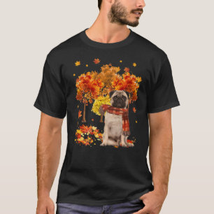 Camiseta Cae el árbol otoñal de pug lindo hojas de otoño