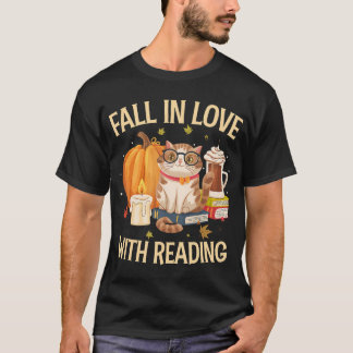 Camiseta Cae El Gato Enamorado De Leer El Libro De Otoño