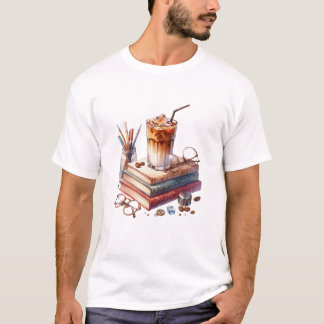 Camiseta Café con Hielo Acuarela y Libros Antiguos Acad