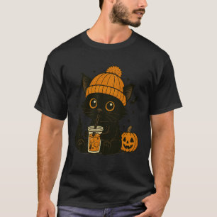 Camiseta Café con Hielo de Gato Negro Lindo Divertido Café