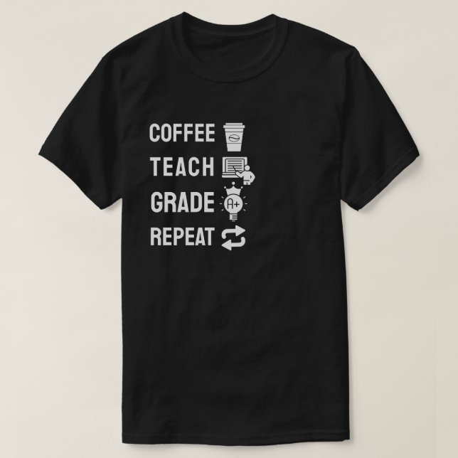 Camiseta Café, Enseñar, Calificar, Repetir (Diseño del anverso)