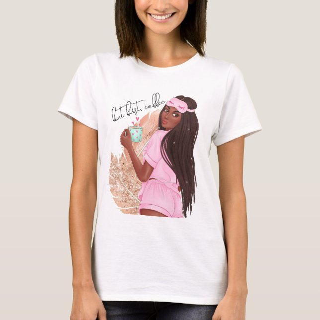 Camiseta Café Falso Brillo Chica Cabello Rosa Dorado Rosa   (Anverso)