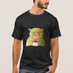 Camiseta Café Gato Dormilón Salpicadura Pintura Colorida