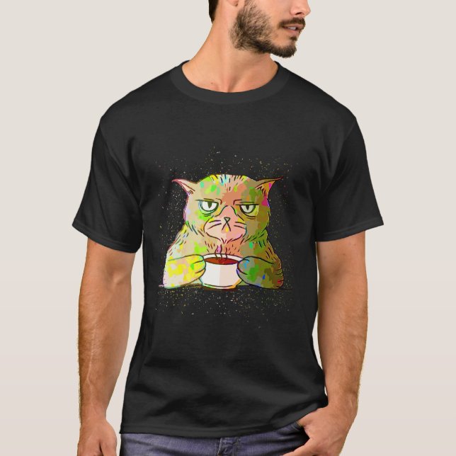 Camiseta Café Gato Dormilón Salpicadura Pintura Colorida (Anverso)