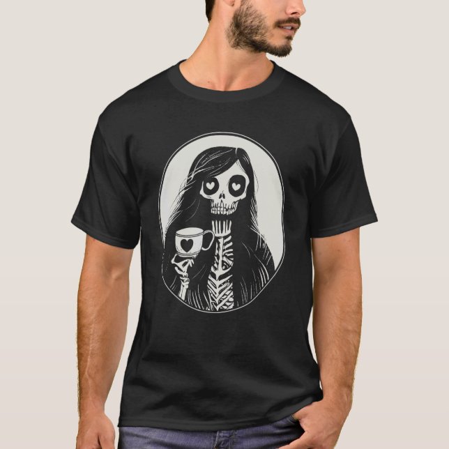 Camiseta Café gótico bebiendo esqueleto mujer (Anverso)