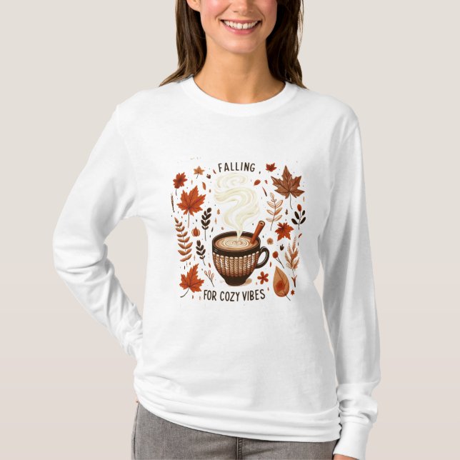 Camiseta Café, hojas y acogedora estética de otoño con vibr (Anverso)