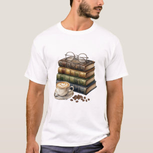 Camiseta Café Mágico y Pila de Libros Antiguos Acuarela