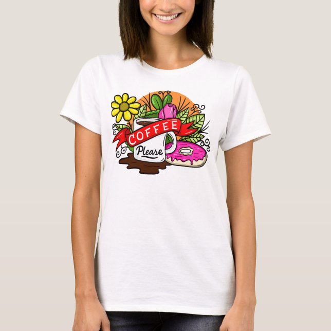 Camiseta Café y donut coloridos tatuajes (Anverso)
