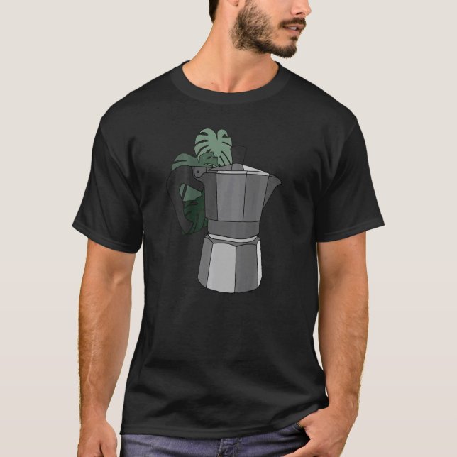 Camiseta Cafetera Moka Pot y Monstera (Anverso)