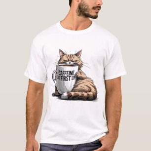 Camiseta Caffeine First T-Shirt para los amantes del gato y