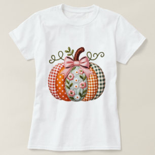 Camiseta Caída Calabaza Faux Embroidery Otoño Naranja Rosa