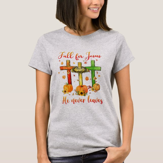 Camiseta Caída cristiana de otoño por Jesús que nunca se va (Anverso)