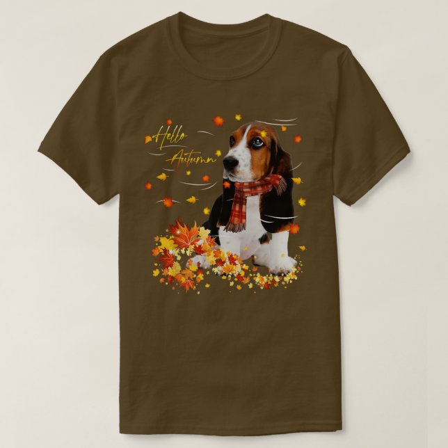 Camiseta Caída De La Hoja Del Hound Basset Hola Otoño Por E (Diseño del anverso)