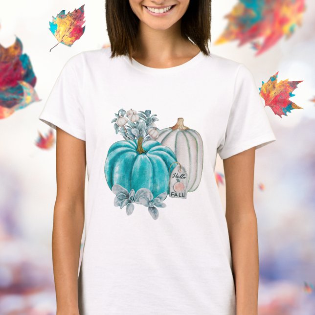Camiseta Caída Estiliza Acuarela Azul Calabaza Rosa Otoño (Subido por el creador)