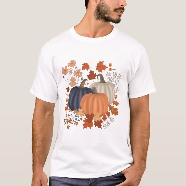 Camiseta Caída Rustica Calabazas de otoño flores silvestres (Anverso)