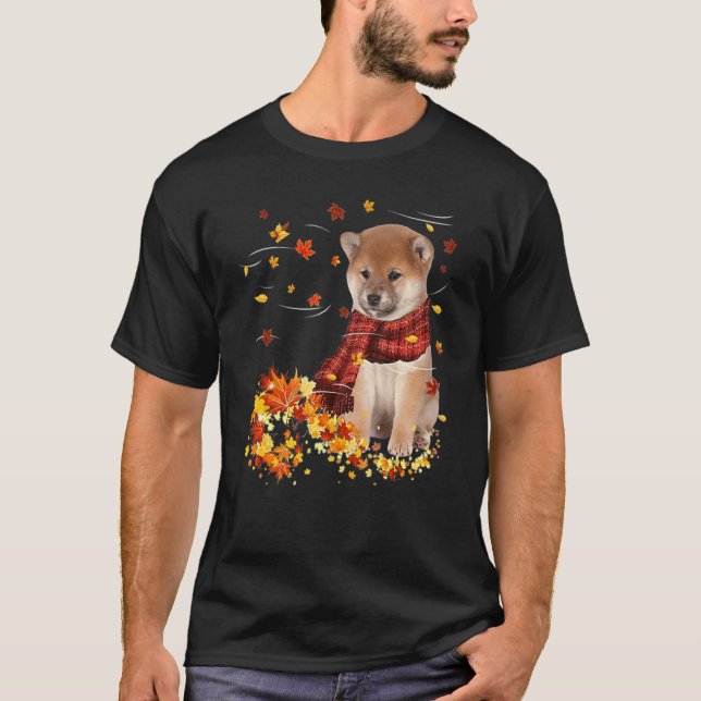 Camiseta Caída Scarf Shiba Inu Perro otoño caída hojas (Anverso)