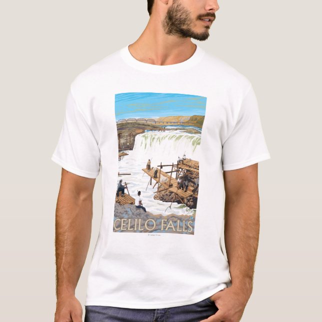 Camiseta Caídas de Celilo que pescan el poster del viaje (Anverso)