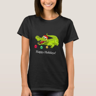 Camiseta Caimán de Navidad adorable. Bolas verdes doradas y