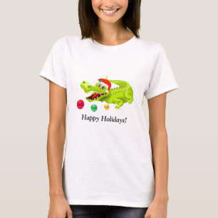 Camiseta Caimán de Navidad adorable. Bolas verdes doradas y