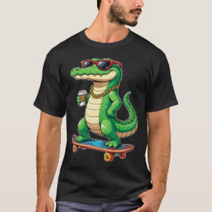Camiseta Caimán Divertido Patineta Cocodrilo Genial Café