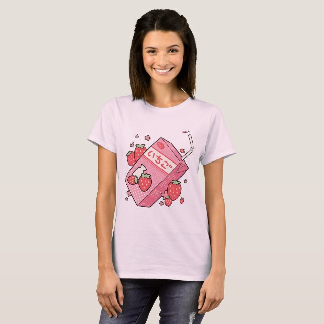Camiseta Caja japonesa del jugo de la fresa de Kawaii (Anverso completo)