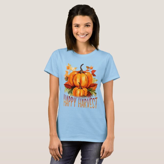 Camiseta Calabaza acuática "Happy Harvest" y hojas de otoño (Anverso completo)