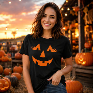 Camiseta Calabaza Cara de Jack O Lantern Femenina Halloween