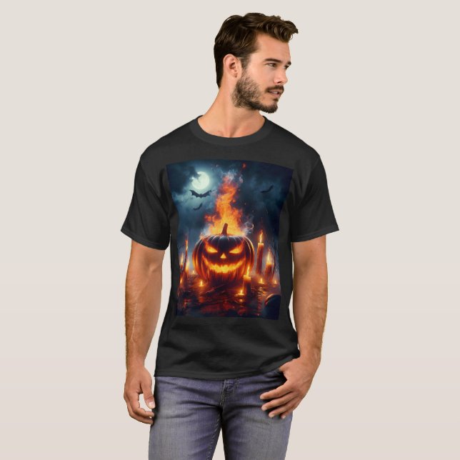 Camiseta calabaza con murciélagos volando alrededor y murci (Anverso completo)